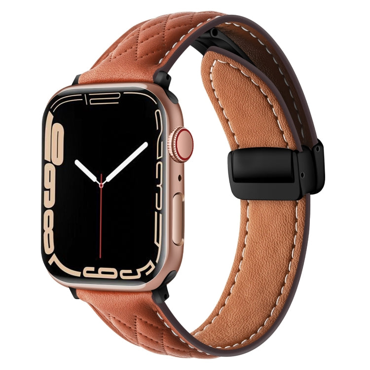 For Apple Watch 42mm Folding Buckle Rhombus Leather Watch Band(Brown) - Watch Bands by PMC TechLife | Online Shopping South Africa | PMC TechLife