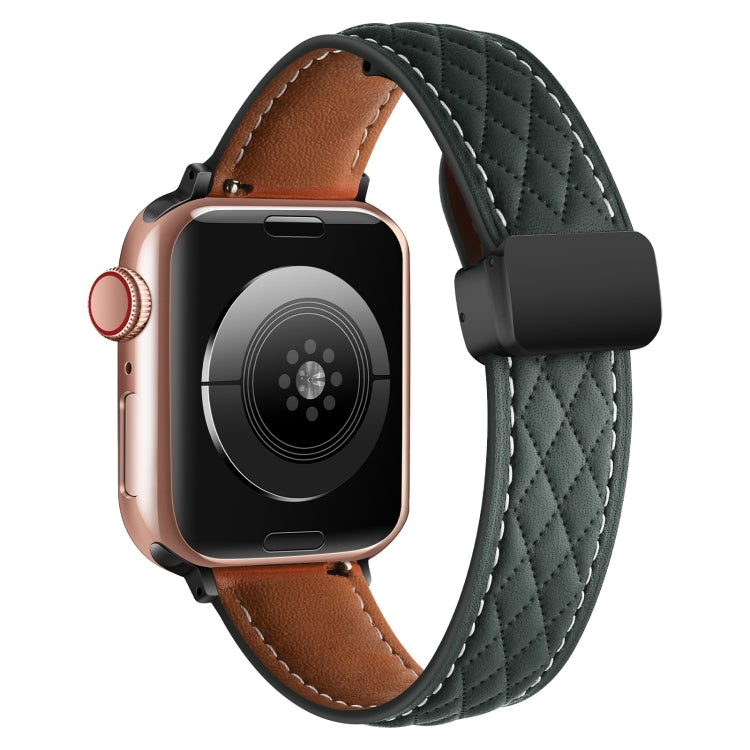 For Apple Watch 9 45mm Folding Buckle Rhombus Leather Watch Band(Green) - Watch Bands by PMC TechLife | Online Shopping South Africa | PMC TechLife