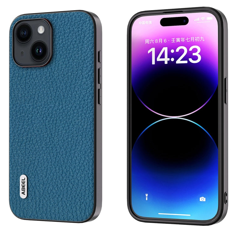 For iPhone 15 Plus ABEEL Genuine Leather Litchi Texture Phone Case(Blue) - iPhone 15 Plus Cases by PMC Jewellery | Online Shopping South Africa | PMC Jewellery