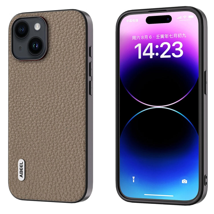 For iPhone 14 Plus ABEEL Genuine Leather Litchi Texture Phone Case(Grey) - free shipping - PMC TechLife - Order now!