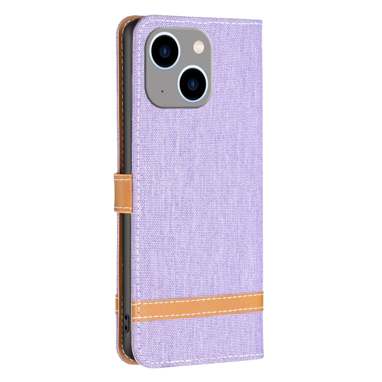 For iPhone 15 Plus Color Block Denim Texture Leather Phone Case(Purple) - iPhone 15 Plus Cases by PMC Jewellery | Online Shopping South Africa | PMC Jewellery