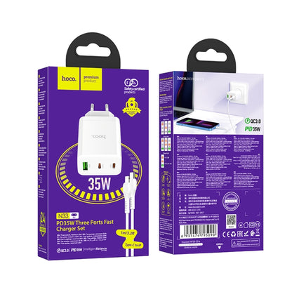 hoco N33 Start PD35W Dual Type-C + USB Charger with Type-C to 8 Pin Cable, EU Plug(White) - USB Charger by hoco | Online Shopping South Africa | PMC Jewellery