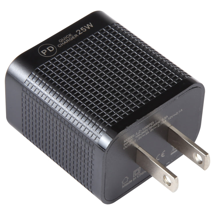 LZ-106PD 25W USB-C / Type-C Ports Plaid Pattern Travel Charger, US Plug(Black) - free shipping - PMC TechLife - Order now!