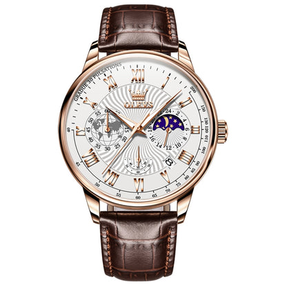OLEVS 2893 Men Multifunctional Business Quartz Watch(Brown + White) - Leather Strap Watches by OLEVS | Online Shopping South Africa | PMC Jewellery