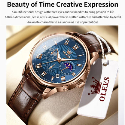 OLEVS 2893 Men Multifunctional Business Quartz Watch(Brown + Blue) - Leather Strap Watches by OLEVS | Online Shopping South Africa | PMC Jewellery | Buy Now Pay Later Mobicred