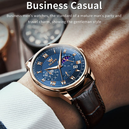 OLEVS 2893 Men Multifunctional Business Quartz Watch(Brown + Blue) - Leather Strap Watches by OLEVS | Online Shopping South Africa | PMC Jewellery | Buy Now Pay Later Mobicred