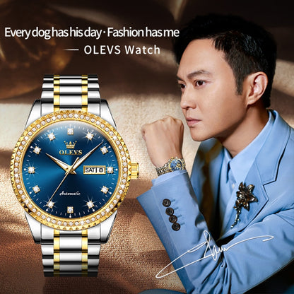 OLEVS 7003 Men Multifunctional Waterproof Mechanical Watch(Gold + Blue) - Metal Strap Watches by OLEVS | Online Shopping South Africa | PMC Jewellery