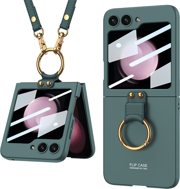 For Samsung Galaxy Z Flip5 GKK Ultra-thin PC Full Coverage Ring Holder Phone Case with Strap(Dark Green) - free shipping - PMC TechLife - Order now!