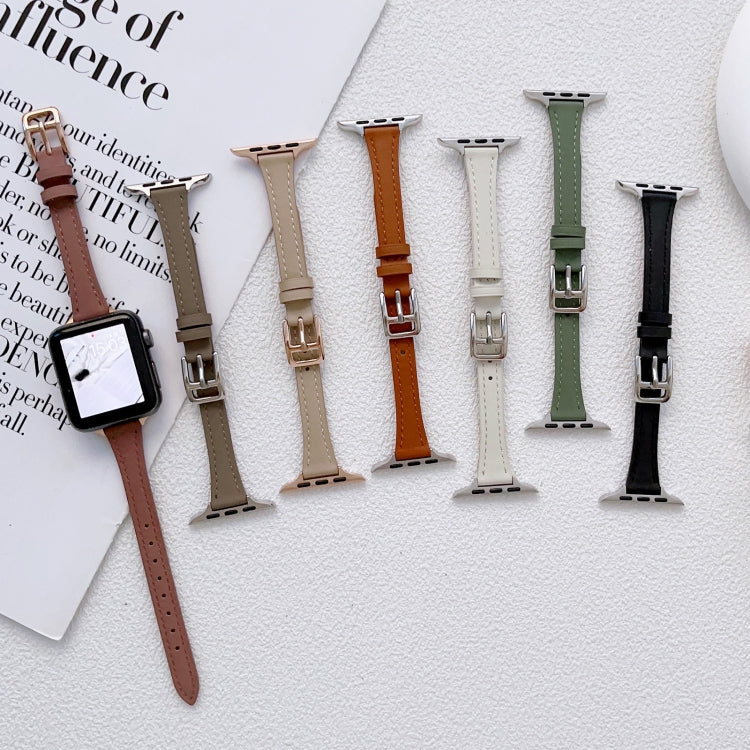 For Apple Watch 9 41mm T-shaped Slim Genuine Leather Watch Band(White) - Watch Bands by PMC TechLife | Online Shopping South Africa | PMC TechLife