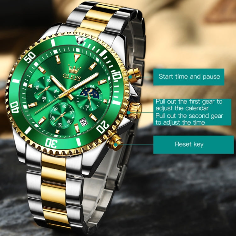 OLEVS 2870 Men Multifunctional Chronograph Three Eyes Waterproof Quartz Watch(Green + Gold) - Metal Strap Watches by OLEVS | Online Shopping South Africa | PMC Jewellery
