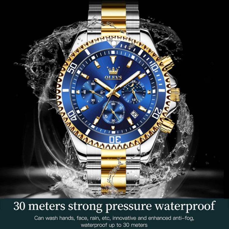 OLEVS 2870 Men Multifunctional Chronograph Three Eyes Waterproof Quartz Watch(Blue + Gold) - Metal Strap Watches by OLEVS | Online Shopping South Africa | PMC Jewellery