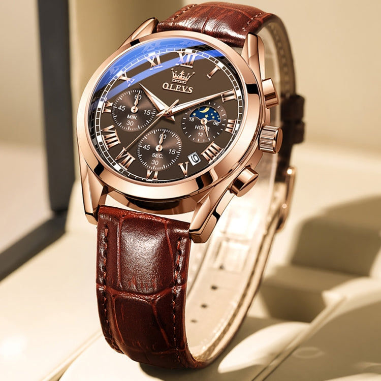 OLEVS 2871 Men Multifunctional Sports Chronograph Luminous Quartz Watch(Coffee + Rose Gold) - Leather Strap Watches by OLEVS | Online Shopping South Africa | PMC Jewellery | Buy Now Pay Later Mobicred