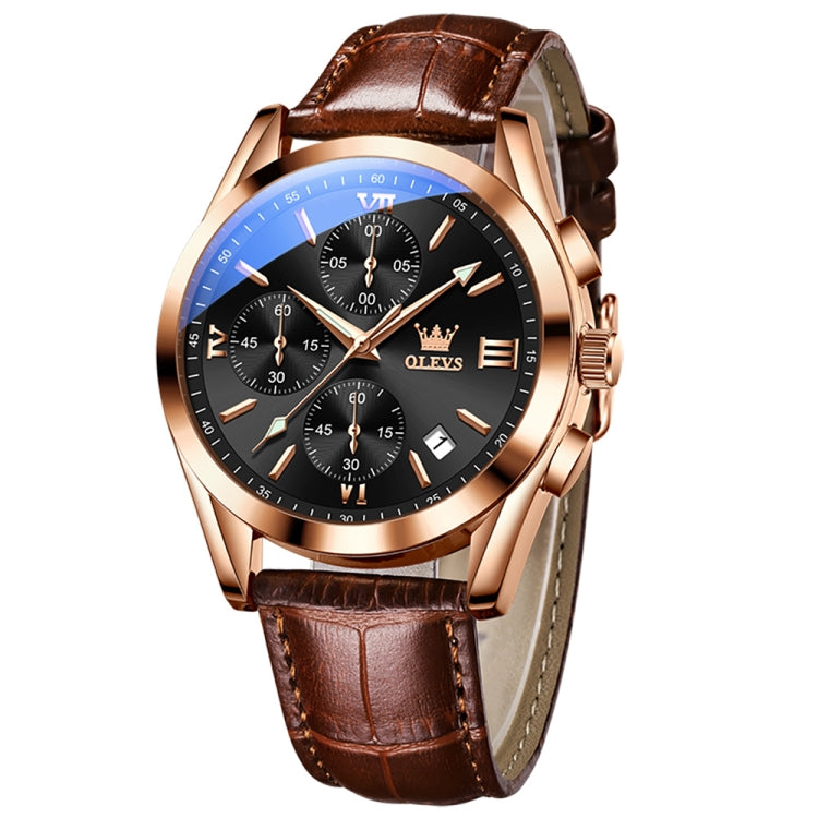 OLEVS 2872 Men Three Eyes Six Needles Chronograph Waterproof Quartz Watch(Black + Rose Gold) - Leather Strap Watches by OLEVS | Online Shopping South Africa | PMC Jewellery