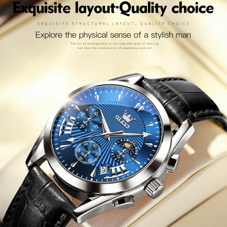 OLEVS 2876 Men Multifunctional Sports Chronograph Quartz Watch(Blue) - Leather Strap Watches by OLEVS | Online Shopping South Africa | PMC Jewellery | Buy Now Pay Later Mobicred