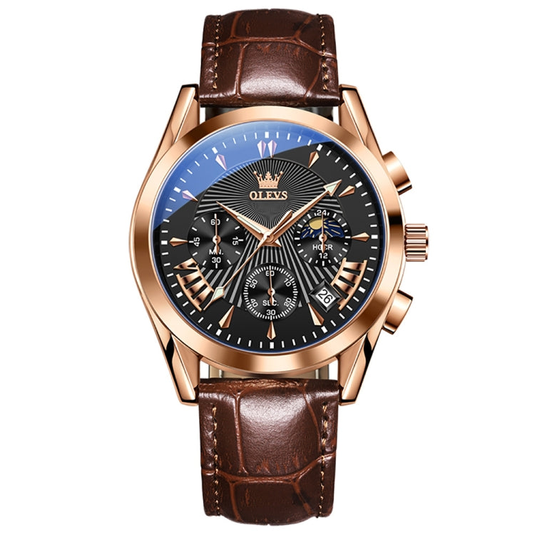 OLEVS 2876 Men Multifunctional Sports Chronograph Quartz Watch(Black + Rose Gold) - Leather Strap Watches by OLEVS | Online Shopping South Africa | PMC Jewellery | Buy Now Pay Later Mobicred