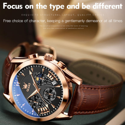 OLEVS 2876 Men Multifunctional Sports Chronograph Quartz Watch(Black + Rose Gold) - Leather Strap Watches by OLEVS | Online Shopping South Africa | PMC Jewellery | Buy Now Pay Later Mobicred