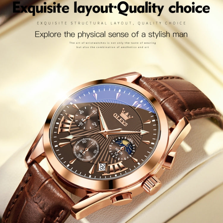 OLEVS 2876 Men Multifunctional Sports Chronograph Quartz Watch(Coffee + Rose Gold) - Leather Strap Watches by OLEVS | Online Shopping South Africa | PMC Jewellery | Buy Now Pay Later Mobicred