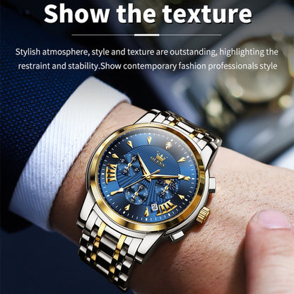 OLEVS 2892 Men Multifunctional Business Waterproof Quartz Watch(Blue + Gold) - Metal Strap Watches by OLEVS | Online Shopping South Africa | PMC Jewellery