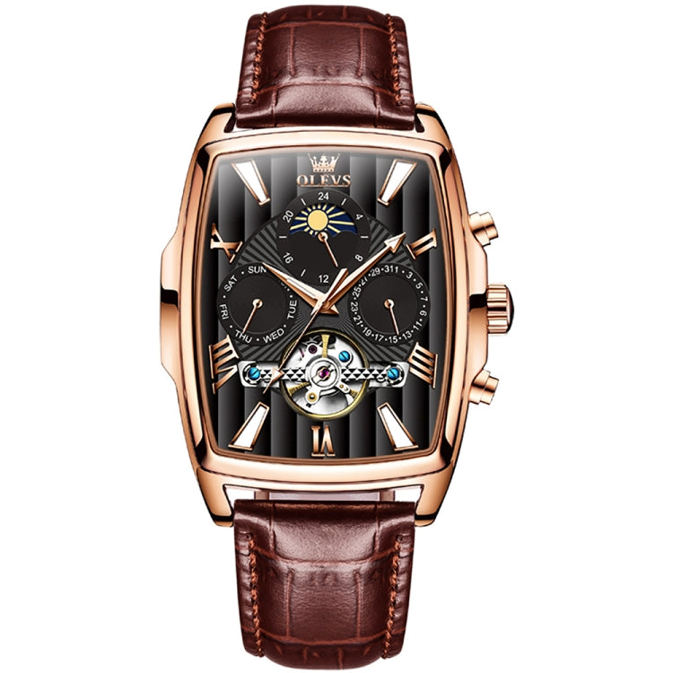 OLEVS 6675 Men Multifunctional Moon Phase Tourbillon Mechanical Watch(Black + Rose Gold) - Leather Strap Watches by OLEVS | Online Shopping South Africa | PMC Jewellery