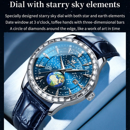 OLEVS 9967 Men Starry Sky Face Diamond Bezel Quartz Watch(Blue Leather Strap) - Leather Strap Watches by OLEVS | Online Shopping South Africa | PMC Jewellery