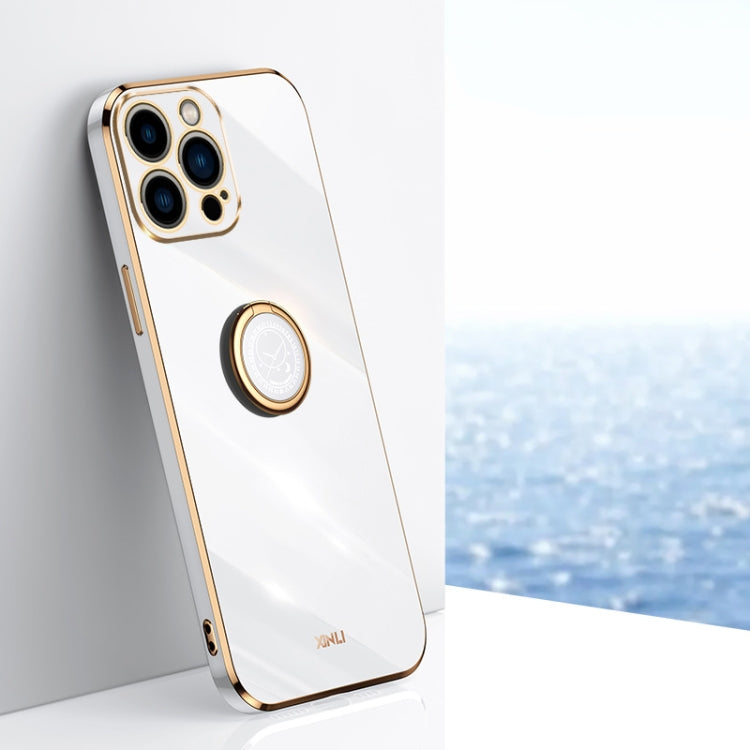 For iPhone 15 Pro XINLI Straight Edge 6D Electroplate TPU Phone Case with Ring Holder(White) - free shipping - PMC TechLife - Order now!