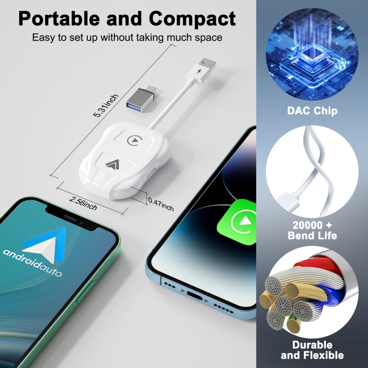 THT-020-9 USB + USB-C / Type-C Wired to Wireless Carplay / Android Auto Adapter(White) - free shipping - PMC TechLife - Order now!