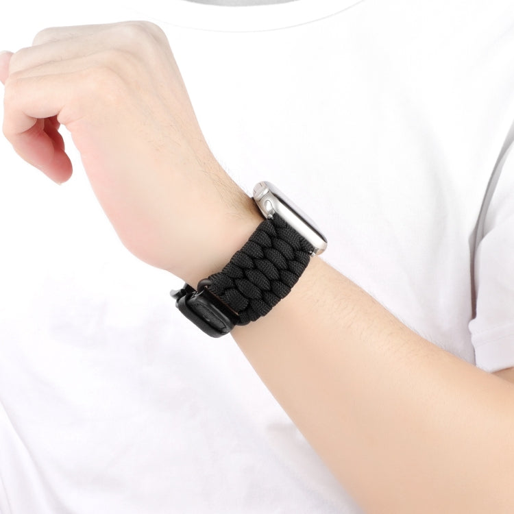 For Apple Watch Series 9 41mm Plain Paracord Genuine Leather Watch Band(Black) - Watch Bands by PMC TechLife | Online Shopping South Africa | PMC TechLife
