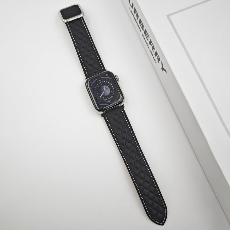 For Apple Watch 38mm Rhombus Pattern Magnetic Square Buckle Leather Watch Band(Black) - free shipping - PMC TechLife - Order now!