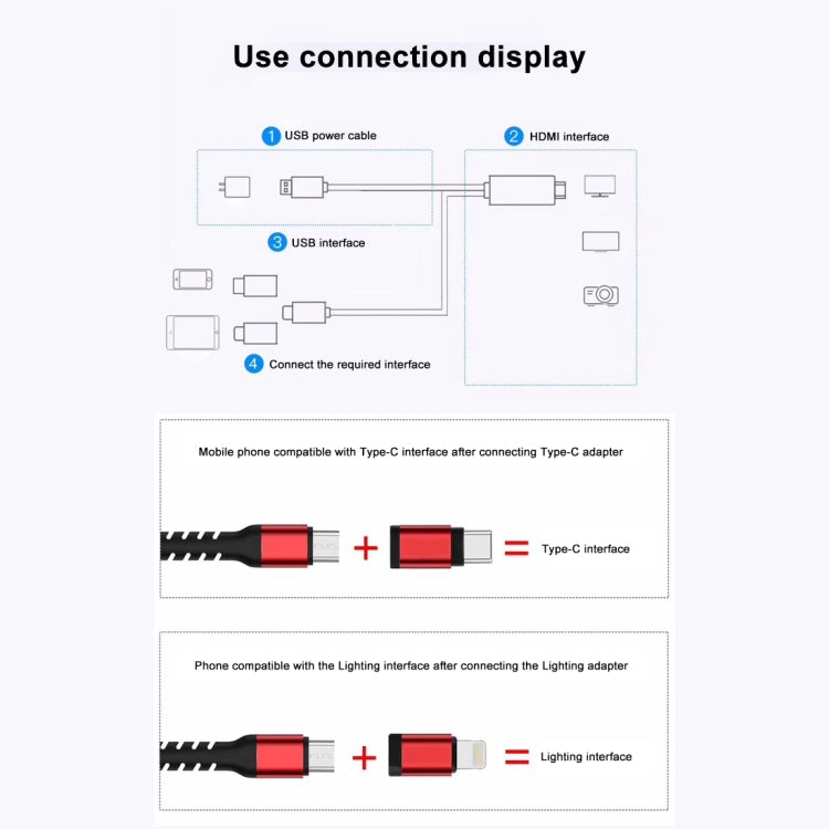 3 in 1 Micro USB + USB-C / Type-C + 8 Pin to HDMI HDTV Cable(Red) - Video & Audio Cable by PMC TechLife | Online Shopping South Africa | PMC TechLife | Buy Now Pay Later Mobicred