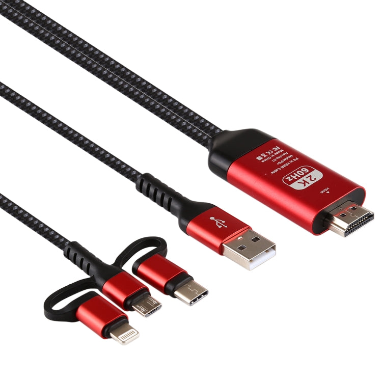 3 in 1 Micro USB + USB-C / Type-C + 8 Pin to HDMI HDTV Cable(Red) - Video & Audio Cable by PMC TechLife | Online Shopping South Africa | PMC TechLife | Buy Now Pay Later Mobicred