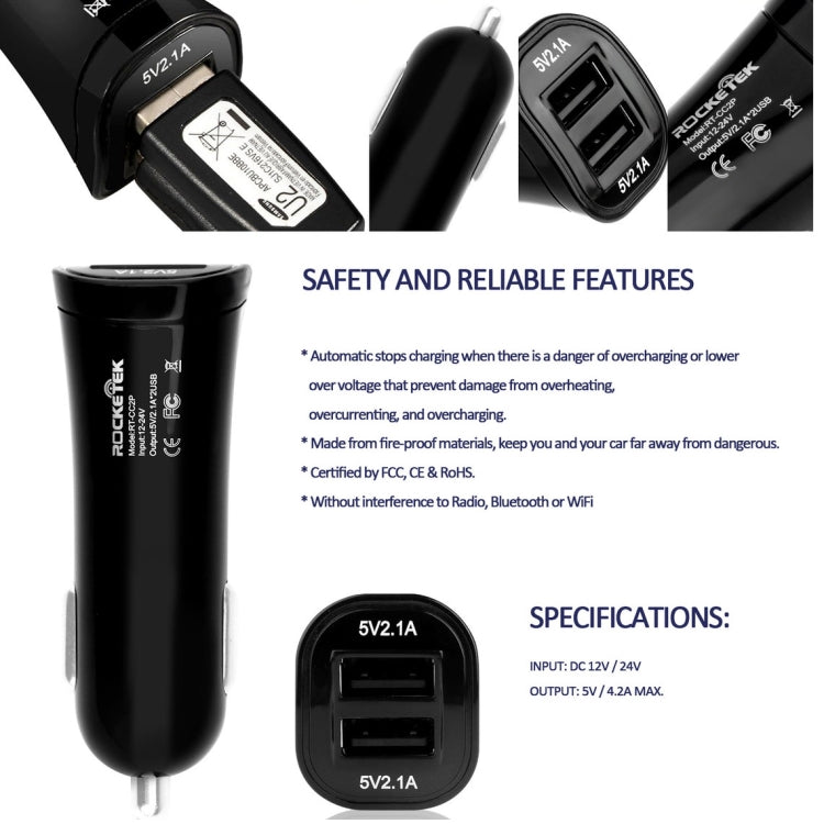 ROCKETEK CC2P DC 5V 4.2A Dual USB Smart Car Charger - Car Charger by ROCKETEK | Online Shopping South Africa | PMC TechLife | Buy Now Pay Later Mobicred