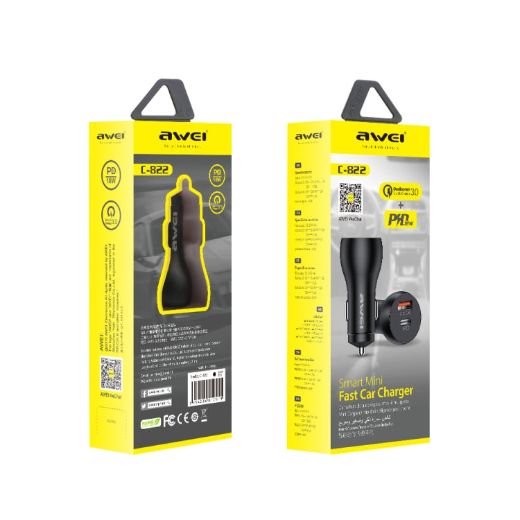 awei C-822 18W PD 8 Pin + 18W QC 3.0 USB Interface Car Charger(Black) - Car Charger by awei | Online Shopping South Africa | PMC Jewellery