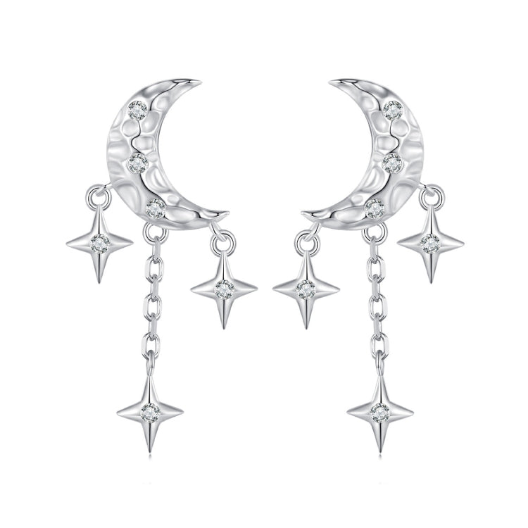 BSE858 Sterling Silver S925 White Gold Plated Zircon Moon Tassel Stud Earrings - Stud Earrings & Earrings by PMC Jewellery | Online Shopping South Africa | PMC Jewellery