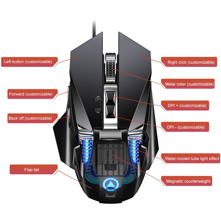 YINDIAO G10 7200DPI 7-modes Adjustable 7-keys RGB Light Wired Metal Mechanical Hard Core Macro Mouse, Style: Audio Version(Black) - free shipping - PMC TechLife - Order now!