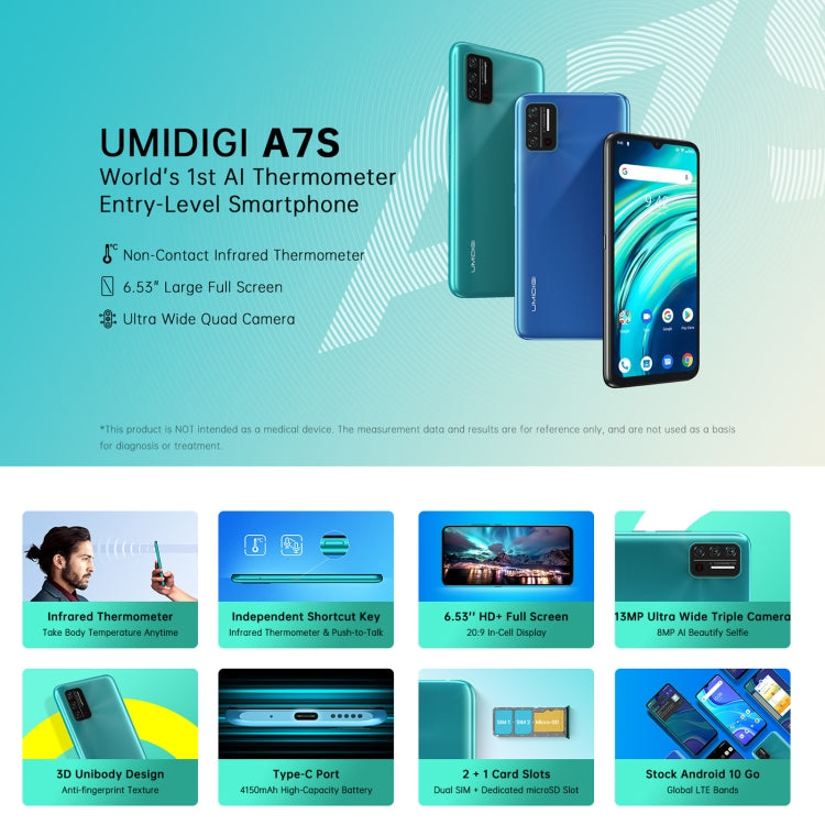 [HK Warehouse] UMIDIGI A7S, 2GB+32GB, Infrared Thermometer, Triple Back Cameras, 4150mAh Battery, Face Identification, 6.53 inch Android 10 MTK6737 Quad Core up to 1.25GHz, Network: 4G, OTG(Sky Blue) - UMIDIGI by UMIDIGI | Online Shopping South Africa | PMC Jewellery