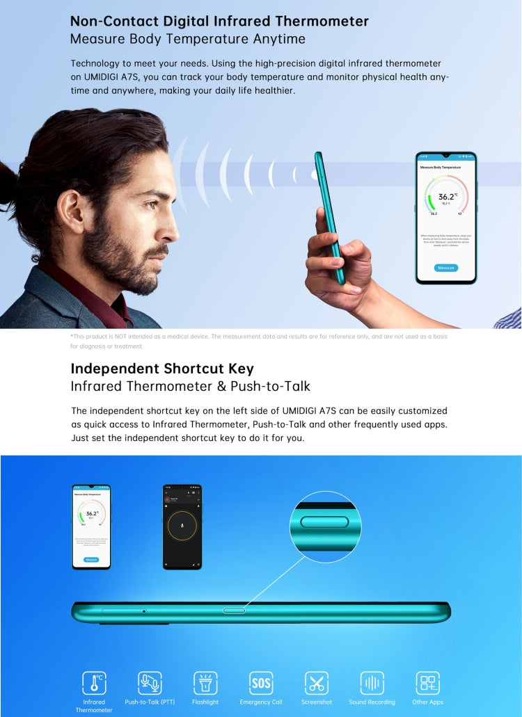 [HK Warehouse] UMIDIGI A7S, 2GB+32GB, Infrared Thermometer, Triple Back Cameras, 4150mAh Battery, Face Identification, 6.53 inch Android 10 MTK6737 Quad Core up to 1.25GHz, Network: 4G, OTG(Grey) - UMIDIGI by UMIDIGI | Online Shopping South Africa | PMC Jewellery