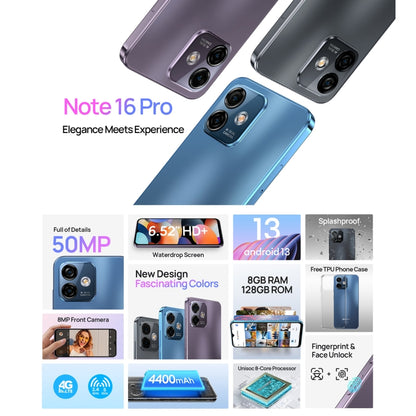 Ulefone Note 16 Pro, 8GB+128GB, Dual Back Cameras, Face ID & Side Fingerprint Identification, 4400mAh Battery, 6.52 inch Android 13 Unisoc T606 OctaCore up to 1.6GHz, Network: 4G, Dual SIM, OTG(Blue) - Ulefone by Ulefone | Online Shopping South Africa | PMC Jewellery | Buy Now Pay Later Mobicred