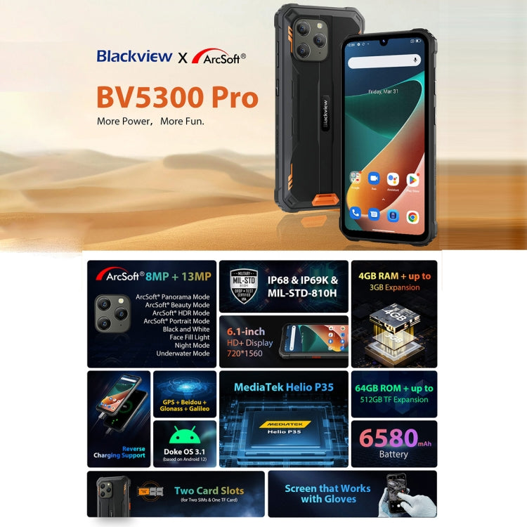 [HK Warehouse] Blackview BV5300 Pro Rugged Phone, 4GB+64GB, IP68/IP69K/MIL-STD-810H, Face Unlock, 6580mAh Battery, 6.1 inch Android 12 MTK6765 Helio G35 Octa Core up to 2.3GHz, Network: 4G, OTG, NFC, Dual SIM(Black) - Blackview by Blackview | Online Shopping South Africa | PMC Jewellery