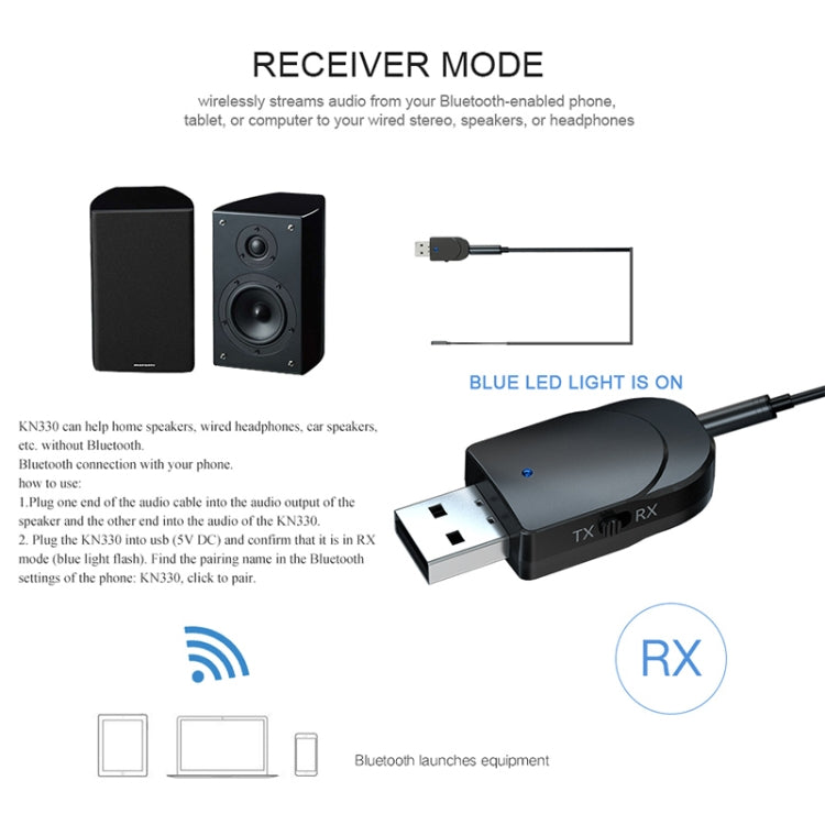 KN330 3 in 1 USB Bluetooth 5.0 Adapter Audio Transmitter Receiver with Switch Button & 3.5mm AUX Interface - Audio Receiver Transmitter by PMC TechLife | Online Shopping South Africa | PMC TechLife