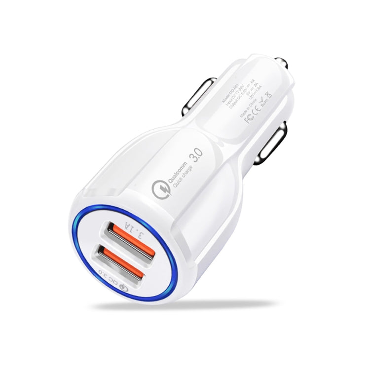 Qc3.0 Dual USB Car Charger + 8 Pin Fast Charging Line Car Charging Kit(White) - Car Charger by PMC TechLife | Online Shopping South Africa | PMC TechLife