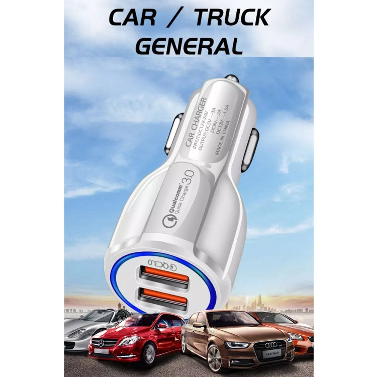 Qc3.0 Dual USB Car Charger + 8 Pin Fast Charging Line Car Charging Kit(White) - Car Charger by PMC TechLife | Online Shopping South Africa | PMC TechLife