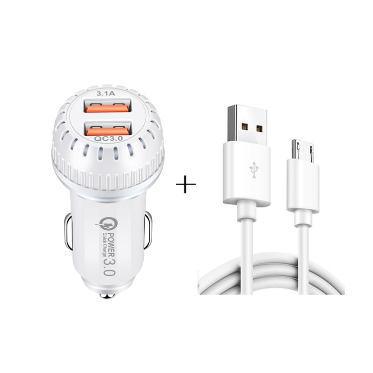 YSY-349 QC3.0 Dual USB Port Car Charger + 1m 3A USB to Micro USB Data Cable(White) - Car Charger by PMC Jewellery | Online Shopping South Africa | PMC Jewellery