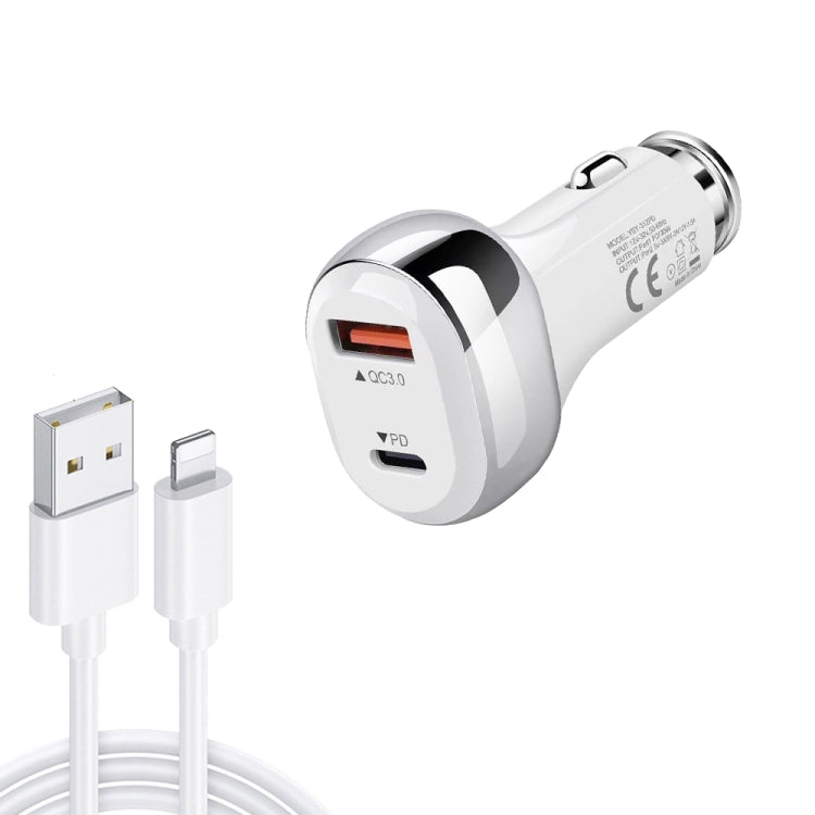 YSY-312PD QC3.0 18W USB + PD 20W USB-C / Type-C Car Charger with USB to 8 Pin Data Cable(White) - Car Charger by PMC Jewellery | Online Shopping South Africa | PMC Jewellery