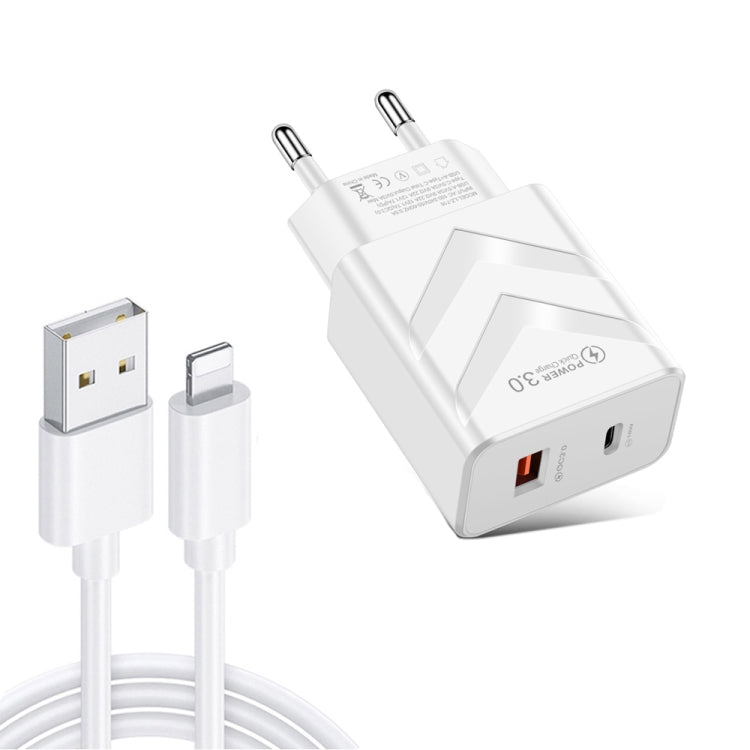 LZ-715 20W PD + QC 3.0 Dual-port Fast Charge Travel Charger with USB to 8 Pin Data Cable, EU Plug(White) - USB Charger by PMC Jewellery | Online Shopping South Africa | PMC Jewellery