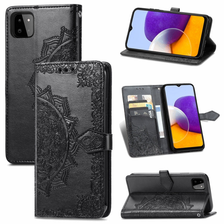 For Samsung Galaxy A22 5G Mandala Embossing Pattern Horizontal Flip Leather Case with Holder & Card Slots & Wallet & Lanyard(Black) - Galaxy Phone Cases by PMC TechLife | Online Shopping South Africa | PMC TechLife | Buy Now Pay Later Mobicred