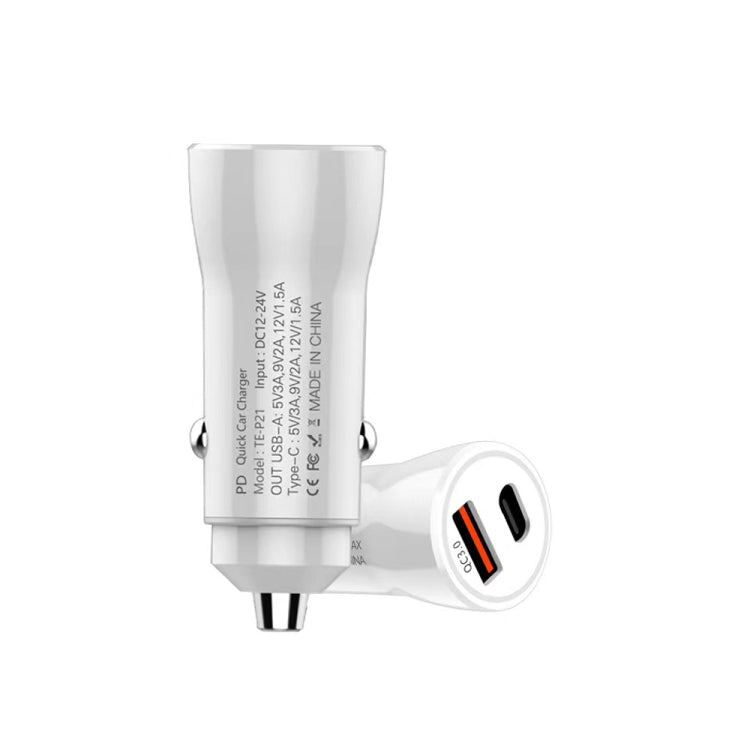 P21 PD 20W USB-C / Type-C + QC3.0 18W USB Fast Car Charger with USB-C / Type-C to 8 Pin Data Cable Set(White) - Car Charger by PMC Jewellery | Online Shopping South Africa | PMC Jewellery