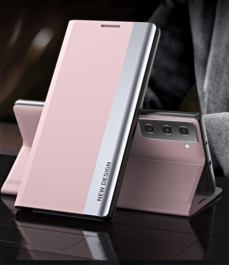 For Samsung Galaxy S21 5G Side Electroplated Magnetic Ultra-Thin Horizontal Flip Leather Case with Holder(Pink) - free shipping - PMC TechLife - Order now!