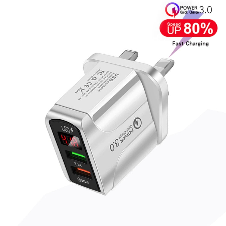 F002C QC3.0 USB + USB 2.0 LED Digital Display Fast Charger with USB to 8 Pin Data Cable, UK Plug(White) - USB Charger by PMC TechLife | Online Shopping South Africa | PMC TechLife | Buy Now Pay Later Mobicred