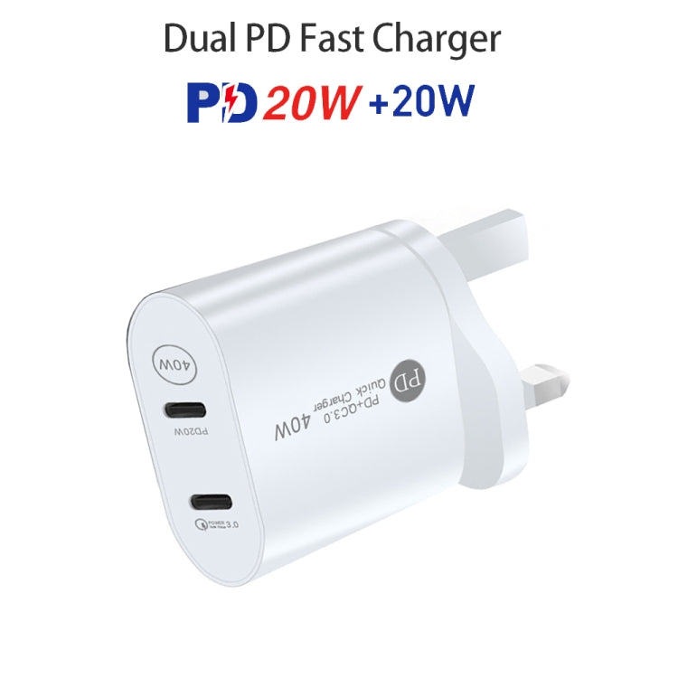 002 40W Dual Port PD / Type-C Fast Charger with USB-C to 8 Pin Data Cable, UK Plug(White) - USB Charger by PMC Jewellery | Online Shopping South Africa | PMC Jewellery