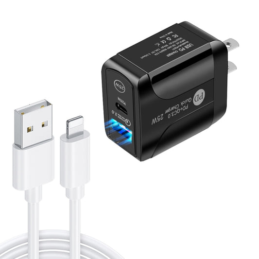 PD25W USB-C / Type-C + QC3.0 USB Dual Ports Fast Charger with USB to 8 Pin Data Cable, US Plug(Black) - USB Charger by PMC Jewellery | Online Shopping South Africa | PMC Jewellery